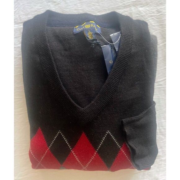 Club Room Men Sweater Pullover Merino Wool Argyle Grey/Red V-Neck Men Sz L NWT - Picture 5 of 8